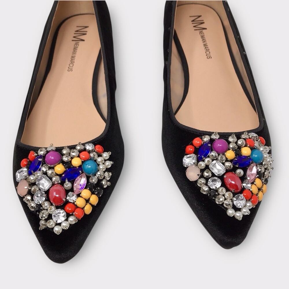 Neiman Marcus NWT Black Velvet Beaded Embellished Flats Multi-Color Sz 8.5M - Picture 4 of 11